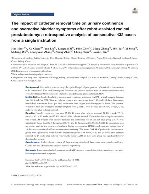 PDF The Impact Of Catheter Removal Time On Urinary Continence And Overactive Bladder Symptoms