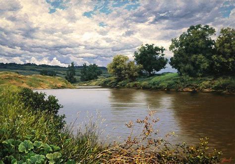 A Painting Of A River Surrounded By Green Grass And Trees With Clouds