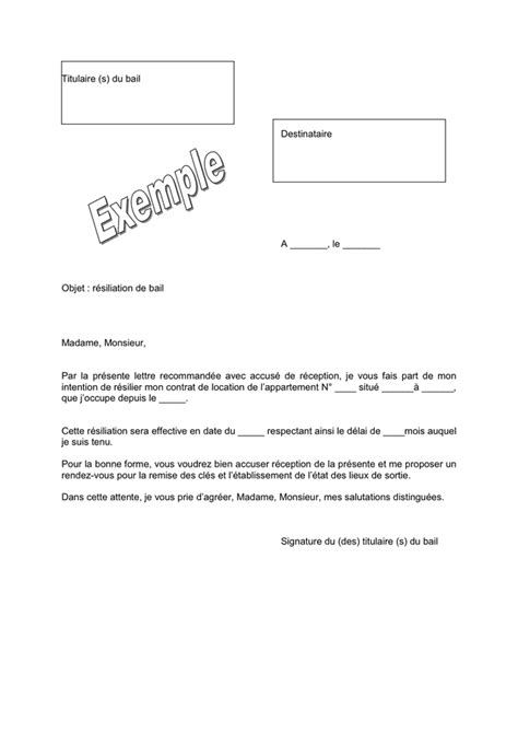 Modèle de courrier de résiliation de bail DOC PDF page 1 sur 1