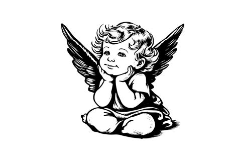 Little Angel Vector Retro Style Engraving Black And White Illustration