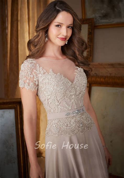 sheath illusion neckline long champagne chiffon lace beaded evening dress with sleeves