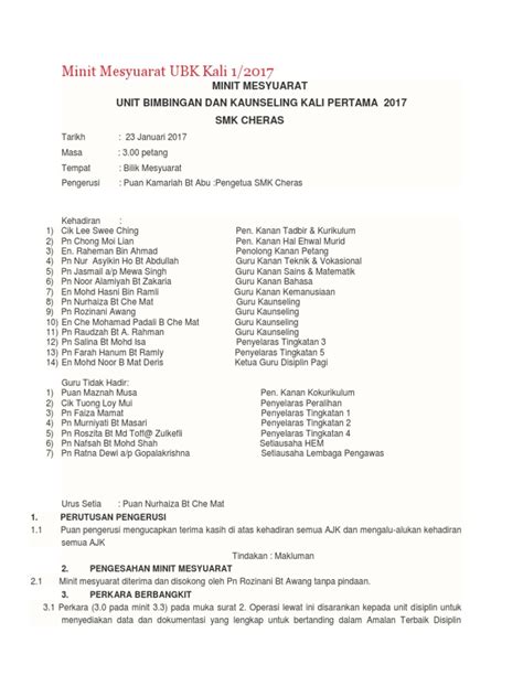 Minit mesyuarat panitia tmk bil 2 /2017 tarikh. Minit Mesyuarat Bimbingan Dan Kaunseling Kali Kedua