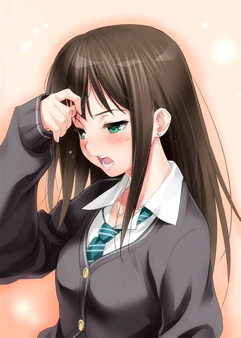 safebooru 1girl blush brown hair cardigan earrings embarrassed flying sweatdrops green eyes