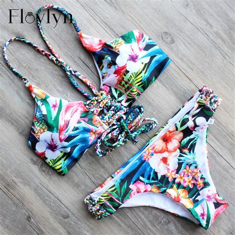 Floylyn Vintage Print Bandage Bikini Floral Swimsuit Retro Swimwear