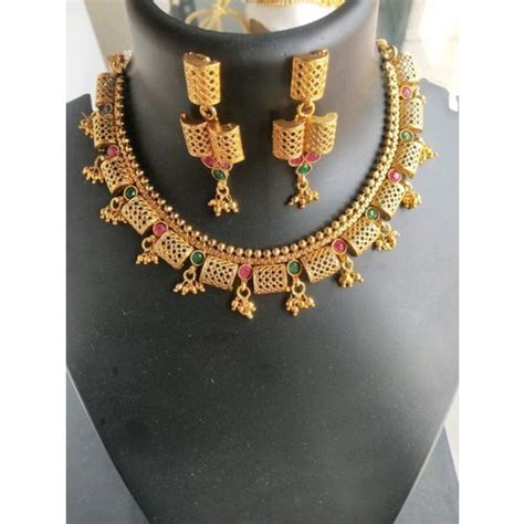 wedding wear brass base gold plated artificial necklace set box at