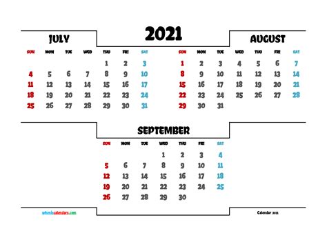 Free July August September 2021 Calendar Printable 6 Templates
