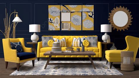 Yellow Living Room With Blue Accents And Navy Furniture Background