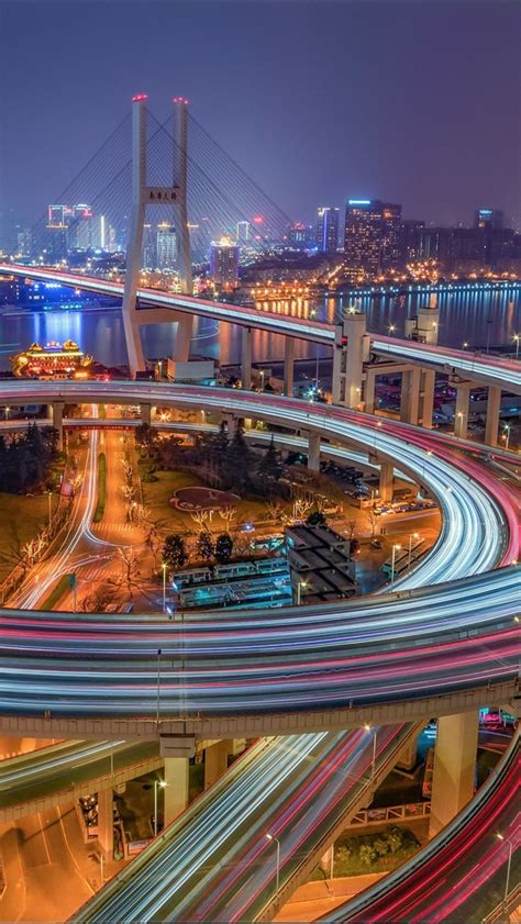 Wallpaper China Shanghai Nanpu Bridge Illumination Night City