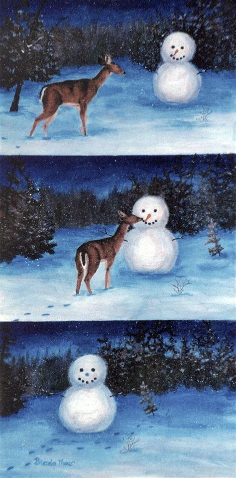 Deer With Snowman 3 In 1 Acrylic Painting 10x20 By Luvs2paint 15000