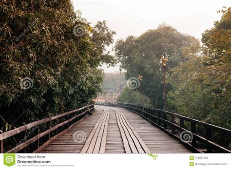 Wooden Mon Bridge And Big Tree In Sangkhlaburi Kanchanaburi Th Stock