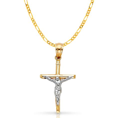 14K Two Tone Gold Jesus Crucifix Cross Pendant With 2 3mm Figaro 3 1