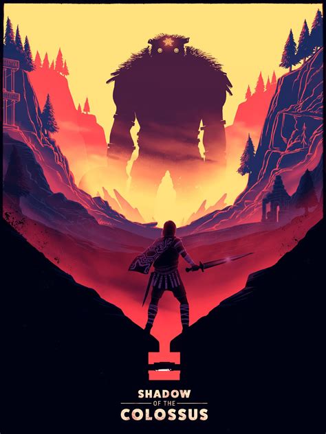 The Poster For Shadow Of Colossus Is Shown In Red And Yellow Tones