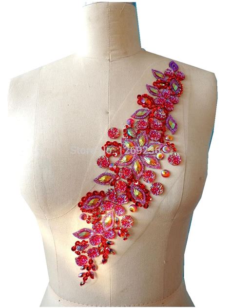 Free Shipping Handmade Crystal Patches Red Sew On Rhinestones Applique With Stones Sequins Beads