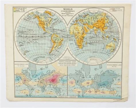 Vintage World Map 1924 Map Of The World Hemispheres Home Etsy