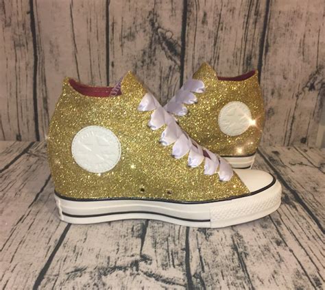 Womens Sparkly Gold Glitter Converse Chuck Taylor Lux Wedge Heel