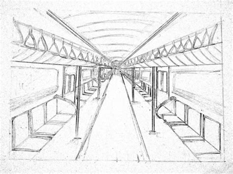 One Point Perspective Metro Train View Perspective Sketch