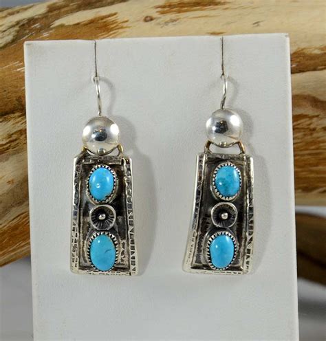 Vintage Navajo Indian Turquoise Concho Earrings Set In Sterling C S