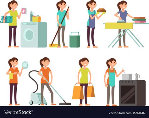 Cartoon Housewife In Housework Activity Set Vector Image