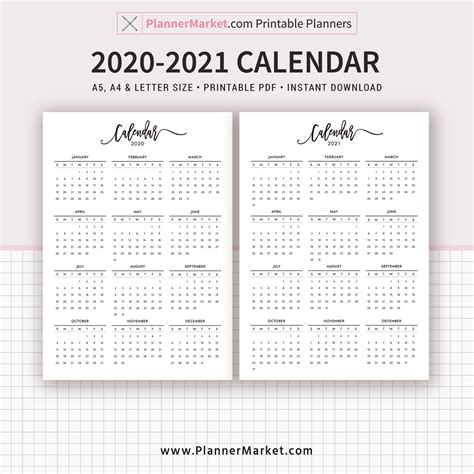 2020 2021 Calendar Printable Year At A Glance Filofax A5 With