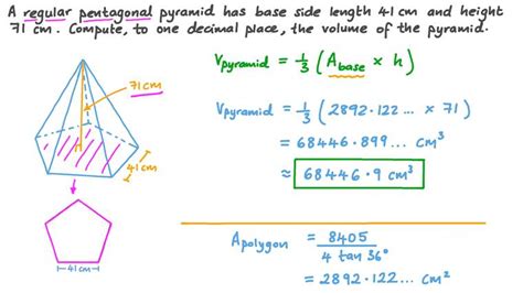 Calculate the total surface area of a rectangular pyramid with a base 20 meters by 15 meters and a height of 50 meters. Lesson: Volumes of Pyramids | Nagwa