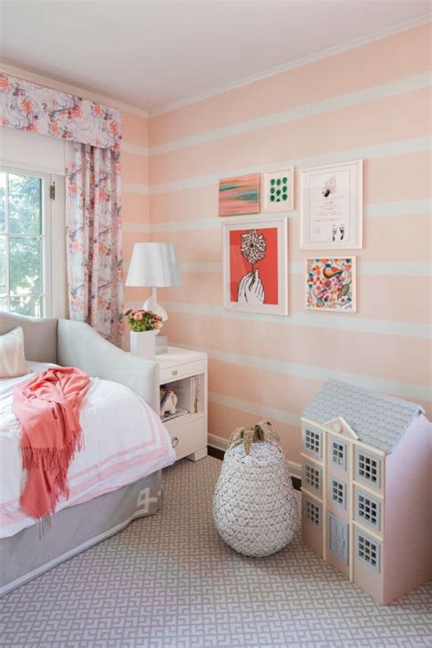Pink And White Striped Girls Bedroom With Grey Accents Pink Striped