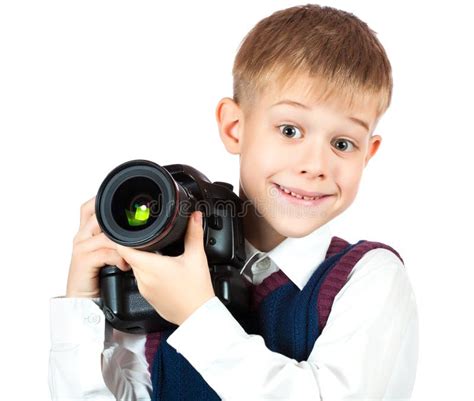 Happy Boy Is Holding Camera And Taking A Photo Stock Image Image Of