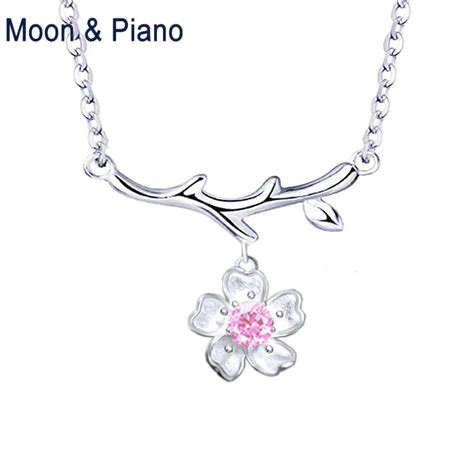 925 Sterling Silver Sakura Necklace Sweet Cherry Blossoms Office Lady