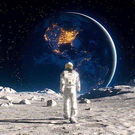 An Astronaut Walking On The Surface Of The Moon With Earth And Stars In The Background