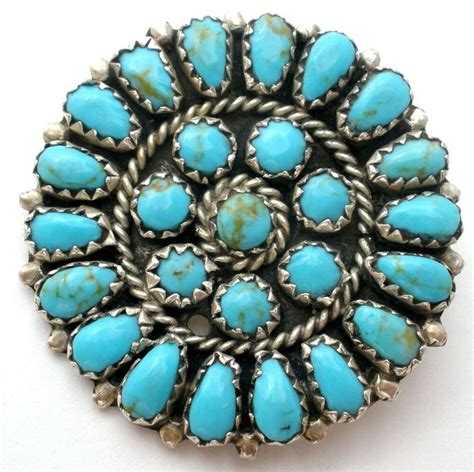 Sterling Silver Turquoise Brooch Round Vintage Pin With Blue Gemstones