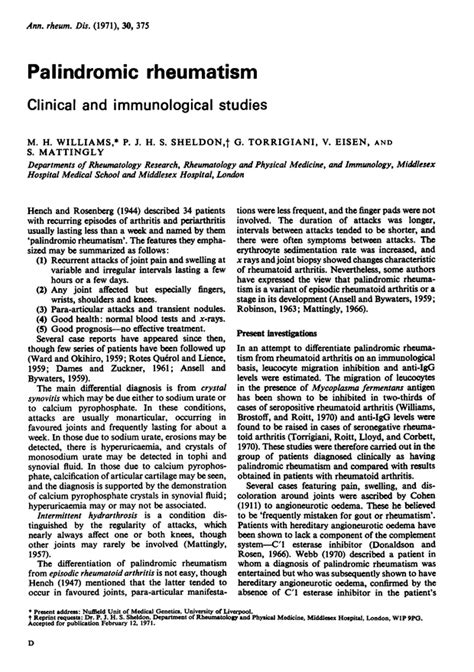 Palindromic Rheumatism Clinical And Immunological Studies Annals Of