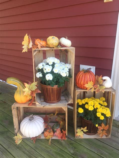 Loving My Fall Porch Decorations With Crates Pumpkins And Mums