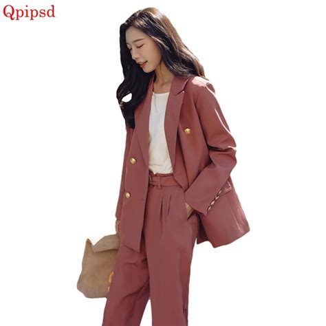 Korean Suits Female 2018 Spring Autumn Double Breasted Suit 2 Piece Sets Womens Temperament Slim