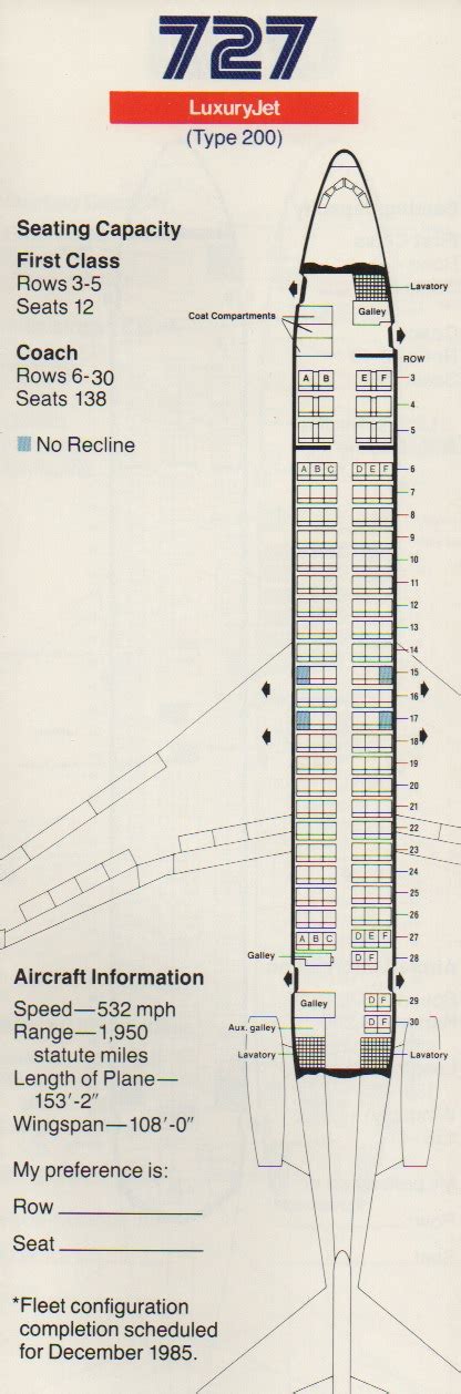 Vintage Airline Seat Map American Airlines Boeing 727 200 From 1985