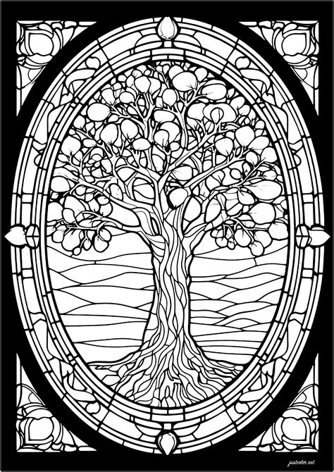 Pretty Tree In A Stained Glass Window Stained Glass Adult Coloring Pages