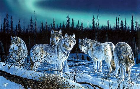 Hunters Light Wolfpack Snow Painting Twilight Northern Light