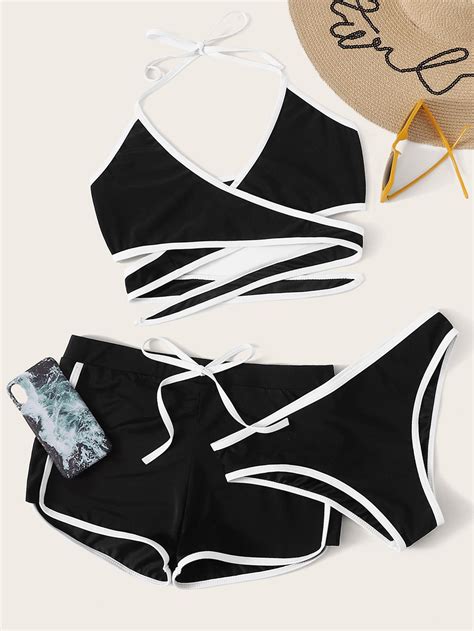 Contrast Piping Wrap Halter Bikini Set With Shorts 3pack Swimsuits