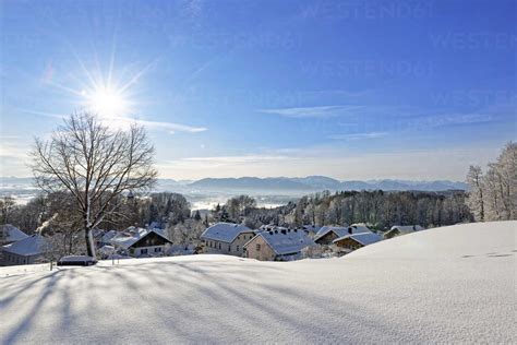 Germany Bavaria Eurasburg View To Loisach Valley In Winter Stock Photo