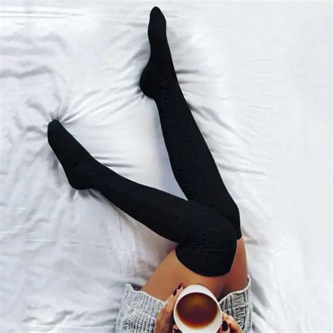 Winter Stockings Ladies Thigh Highs Stockings Winter Solid Black Over The Knee Kitted Cotton