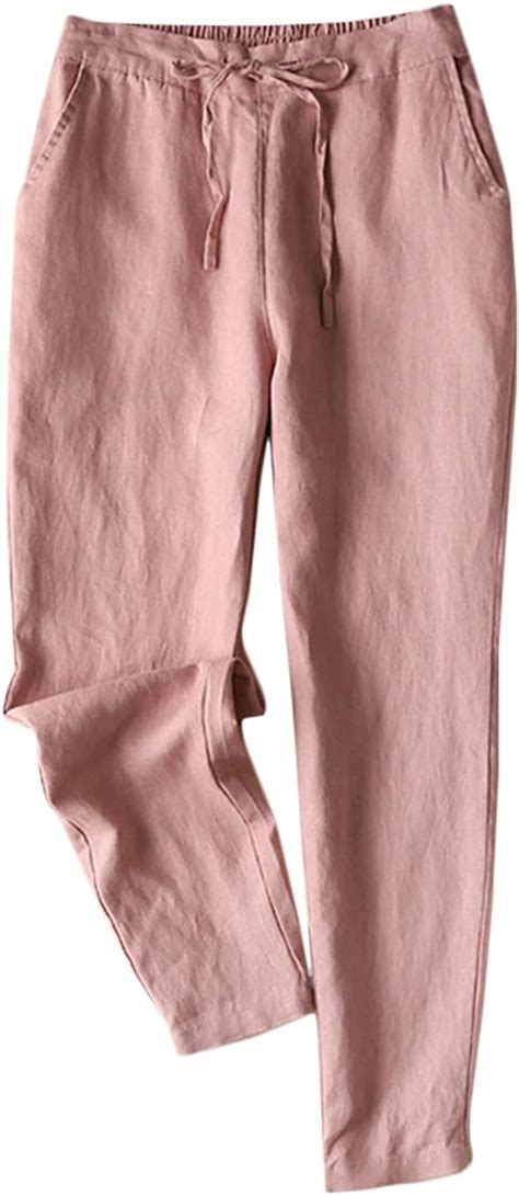 Jenkoon Womens Cotton Linen Pants Back Elastic Drawstring Tapered