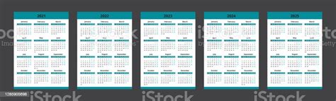 Calendar 2021 2022 2023 2024 2025 Week Starts Monday Vector Calendar