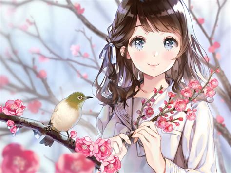 Desktop Wallpaper Birds Cherry Blossom Anime Girl Cute