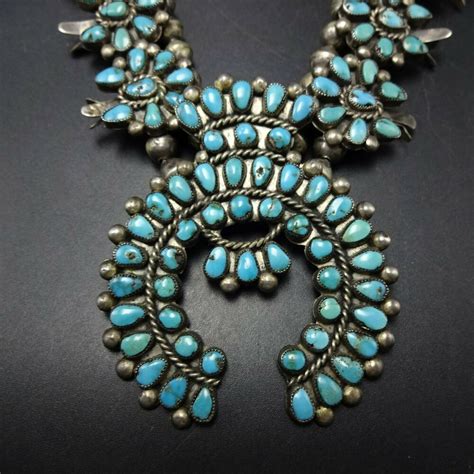 Old Navajo Sterlingsilver Turquoise Squash Blossom Necklace Micro Serrated Bezel Ebay In 2021