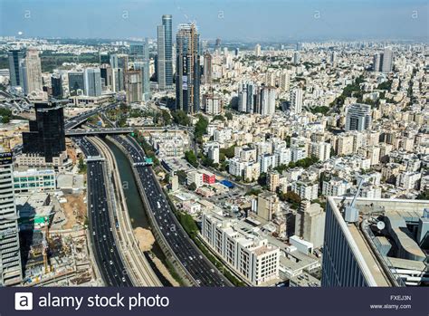 Crowne plaza tel aviv city center. Ayalon Highway in Tel Aviv, Israel. Aerial view from ...
