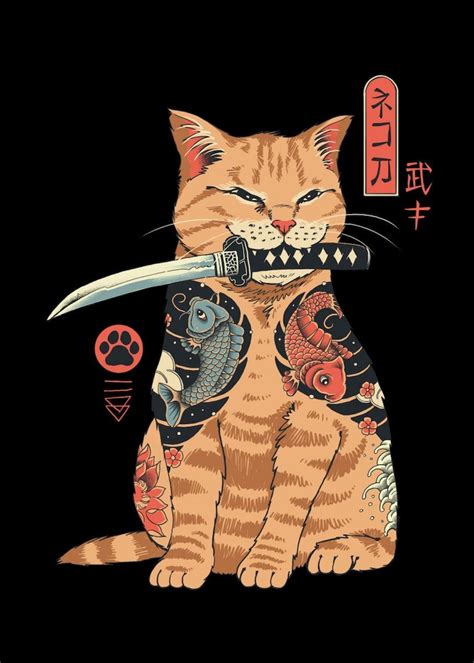 Neko Japan Poster Samurai Cat Poster Etsy