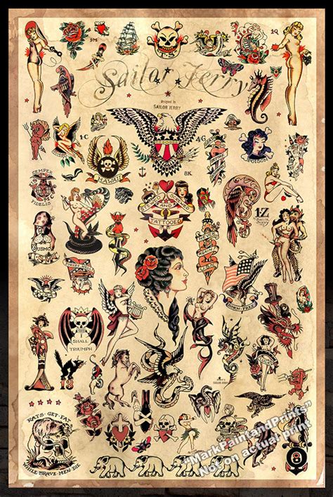 Sailor Jerry Tattoo Designs Flash 3 Giclee Poster Print 24x36 Etsy