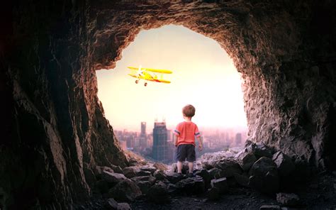 Download Wallpaper 3840x2400 Cave Child Plane City View 4k Ultra Hd 1610 Hd Background