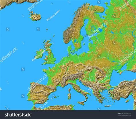 Europe Shaded Relief Map Boundaries Projection 스톡 일러스트 645960232