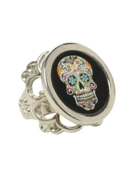 Antique Style Ring With Circular Sugar Skull Face Design Sugar Skull