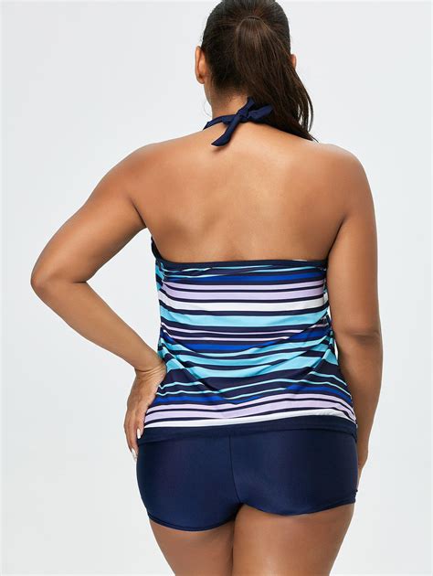 2018 Padded Striped Plus Size Halter Tankini Swimsuits Purplish Blue Xl