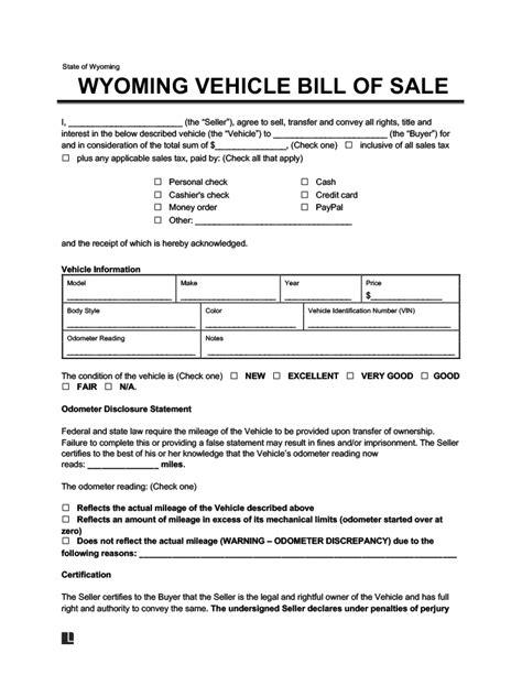 Free Wyoming Bill Of Sale Form PDF Template LegalTemplates